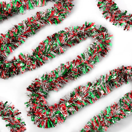 50FT Red Green Silver Christmas Tinsel Garland Metallic Twist Shiny Garland for Christmas Tree Decorations, Xmas Holiday Hanging Garland for Home Mantle Stair Indoor Outdoor Party Supplies Decor