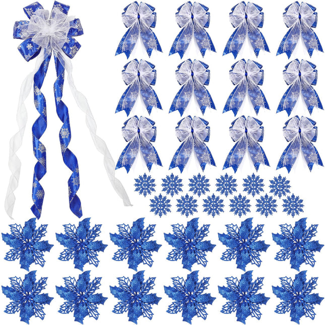 Zeyune 37 Pcs Christmas Tree Decoration Set with Large Christmas Decorative Bow Topper 12 Glitter Poinsettia Flowers 12 Plastic Xmas Snowflake 12 Ribbon Bow for Holiday Party Ornaments (Blue)