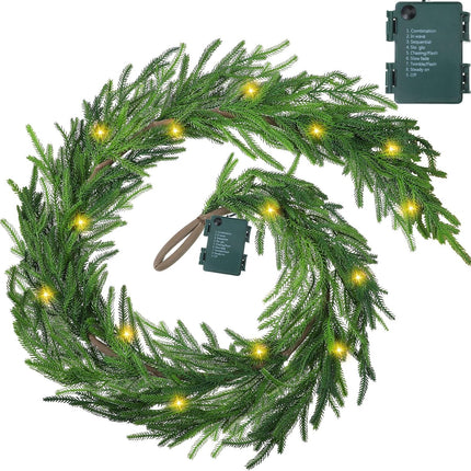 Real Touch Norfolk Pine Garland Faux Christmas Garland Pre Lit Artificial Pine Greenery Garlands with Warm White LED Lights for Xmas Holiday Wedding Party Outdoor Decorations (6 Feet, 1)