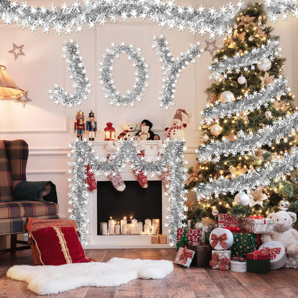 33 FT Christmas Decorations Tinsel Garland, Christmas Snowflake Garland Christmas Shiny Twist Metallic Garland Decorations for Xmas Tree Home Indoor Outdoor Holiday Christmas Party Decor