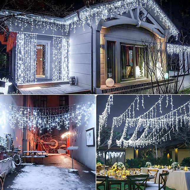 300 LED Christmas Icicle Lights Outdoor, 8-Mode Solar Icicle Lights Led Fairy Curtain Lights for Wedding Party Holiday Christmas Decorations(White)