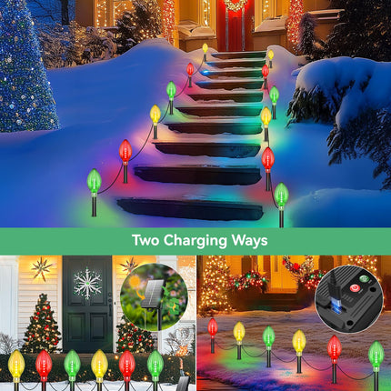 12 Pack Jumbo C9 Christmas Lights Outdoor, 44 Ft Extra Long String Lights Christmas Decorations Outdoor, 60 LED Solar Christmas Lights 2 Charging Ways Waterproof Outdoor Decoration for Pathway Yard