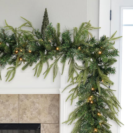 Prelit Christmas Garland 9ft with 50 LED Lights, Battery Opreated Christmas Decor Timer for Mantle Staircase Indoor and Outdoor Prelight Xmas Garland