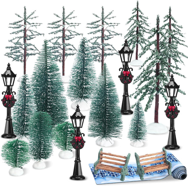 22 Pcs Christmas Village Sets Accessories Miniature Pine Trees Christmas Village Frosted Christmas Tree Figurine Streetlight Lamps Village Street Mat Park Bench Seat for Xmas Winter Decor