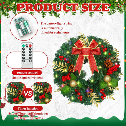 3Pcs Christmas Wreath 14 Inch LED Prelit Artificial Christmas Wreaths for Front Door 60 Lights Timer Battery Operated with Red Berries Bow Pine Cones Cypress Leaves Ball Glitter Xmas Decor
