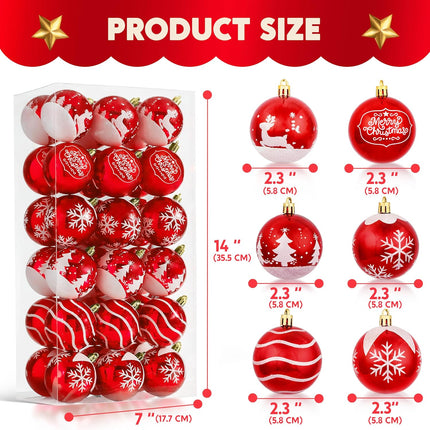 Joiedomi 36 Pcs Red Delicate Painting & Glittering Christmas Ball Ornaments Set, 2.3" Christmas Tree Hanging Decoration, Xmas Shatterproof Indoor Decoration for Tree Wreath Holidays Party Supplies
