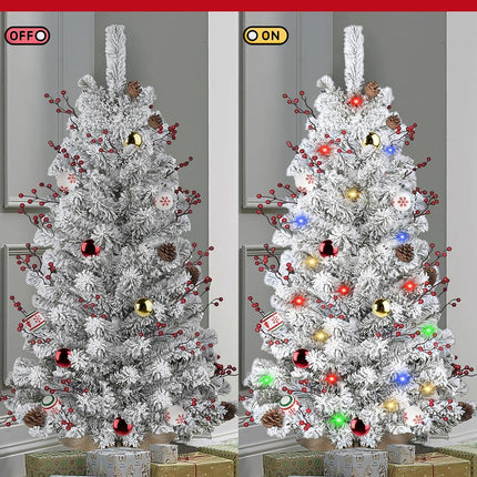 DDHS Small Flocked Christmas Tree,4ft Prelit Tabletop Christmas Tree, with 100 Lights, Ornaments Balls, Pine Cones Red Berries, Easy to Assemble Perfect for Holiday Christmas Home Decor