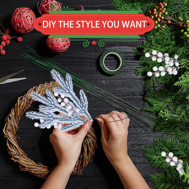 24PCS Christmas Berries Red Stems Evergreen Pine Needles Branches Fake Berry Frosted Pine Picks Greenery Stems for Crafts Wreaths Holiday Decor (White)