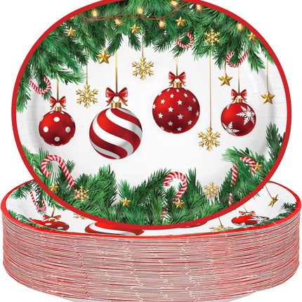 Christmas Paper Platters Disposable Christmas Ball Oval Party Plates 10" x 12" Large Christmas Dinner Serving Platters for Xmas Holiday Party Supplies Dinnerware Table Decorations, 50 Pcs