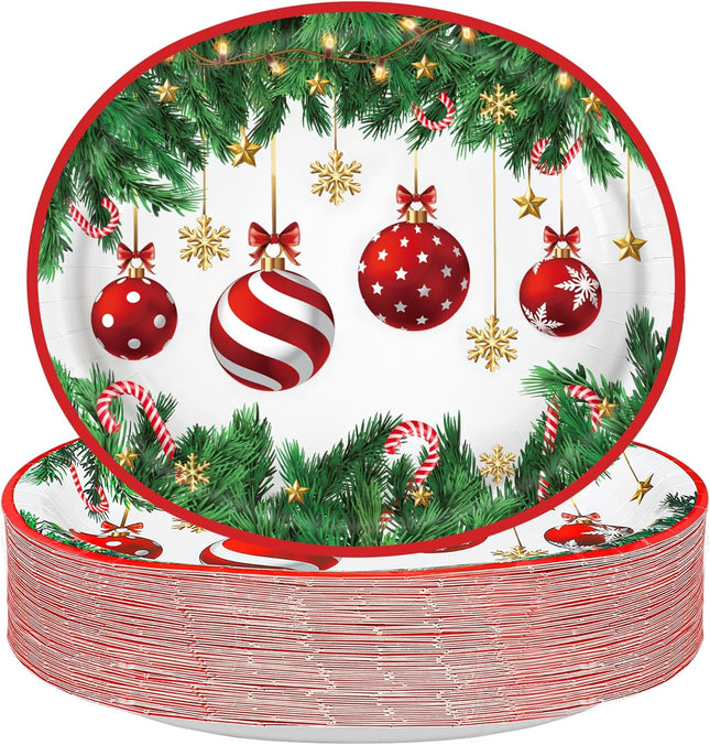 Christmas Paper Platters Disposable Christmas Ball Oval Party Plates 10" x 12" Large Christmas Dinner Serving Platters for Xmas Holiday Party Supplies Dinnerware Table Decorations, 50 Pcs