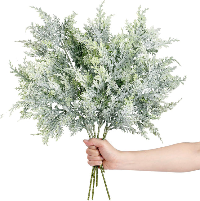 Sggvecsy 8 Pack Snowy Artificial Pine Branches Frosted Faux Cedar Spray 19’’ Long Greenery Cedar Picks Christmas Cedar Stems for DIY Garland Wreath Xmas Embellishing Garden Home Decoration