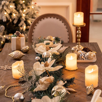 Valery Madelyn 6 feet Pre-Lit Christmas Garland with Lights for Mantle, Lighted Battery Operated Xmas Garland with White Gold Ball Magnolia for Front Door Fireplace Table Centerpiece Window Home Decor