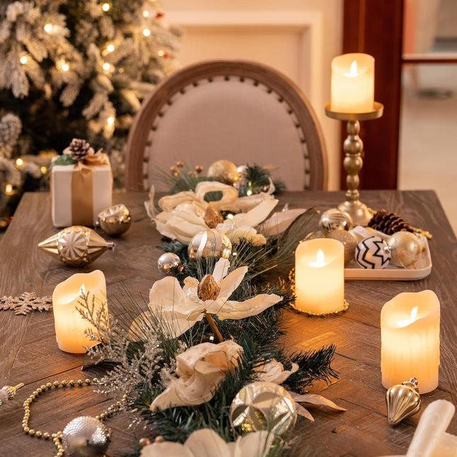 Valery Madelyn 6 feet Pre-Lit Christmas Garland with Lights for Mantle, Lighted Battery Operated Xmas Garland with White Gold Ball Magnolia for Front Door Fireplace Table Centerpiece Window Home Decor