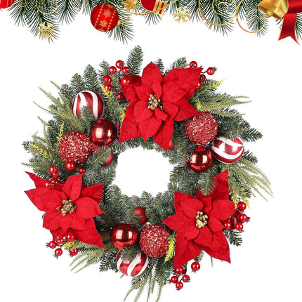 24 Inch Christmas Wreath, Artificial Christmas Wreath for Front Door, Decorated with Cypress Leaves, Christmas Flowers, Red Berries, Atmosphere Balls, Suitable for Indoor and Outdoor