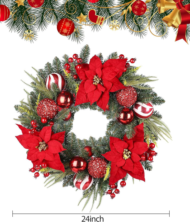 24 Inch Christmas Wreath, Artificial Christmas Wreath for Front Door, Decorated with Cypress Leaves, Christmas Flowers, Red Berries, Atmosphere Balls, Suitable for Indoor and Outdoor