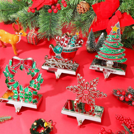 Zhengmy 4 Pcs Christmas Stocking Holders for Mantel Reindeer Snowflake Snowman Pine Xmas Tree Stocking Hangers Metal Stocking Mantel Holders Christmas Decoration for Xmas Fireplace (Wreath)