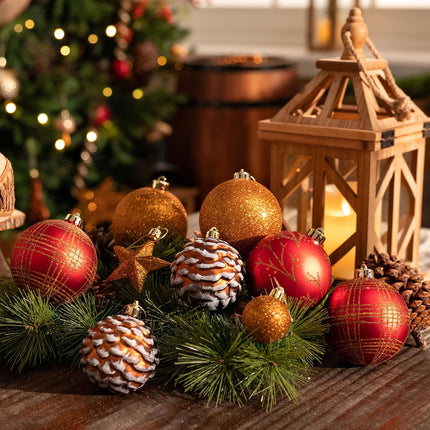 Valery Madelyn Christmas Ornaments Set, 70ct Red and Brown Shatterproof Christmas Tree Decorations, Woodland Hanging Ball Ornaments Bulk for Thanksgiving Xmas Holiday Decor