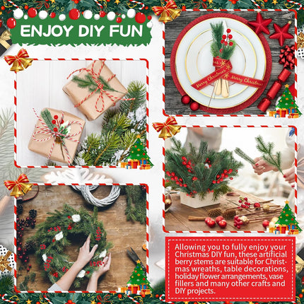 Lyrow 100 Pcs Artificial Pine Branches Green Pine Needles Fake Greenery Christmas Picks Floral Christmas Wreath Decorations Holly Red Berry Stems for Winter Holiday DIY Garland Home Garden Decor