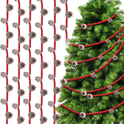 Huwena 12 Ft Christmas Wooden Bead Garland Rustic Red Bead Pinecone Garland Farmhouse Craft Bead Garland for Christmas Decoration Supplies