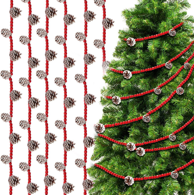 Huwena 12 Ft Christmas Wooden Bead Garland Rustic Red Bead Pinecone Garland Farmhouse Craft Bead Garland for Christmas Decoration Supplies