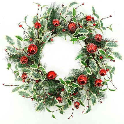 Artificial Christmas Wreath Winter Wreath with Holly Leaves,Red Bell for Front Door Indoor Outdoor Farmhouse Wall Holiday Decor