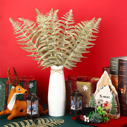 Xinnun Christmas Glitter Leaves Artificial Tropical Leaf Christmas Tree Sprays Glitter Leaf Garland Flashing Christmas Picks DIY Bouquet Stem Floral Branches for Wedding Xmas Wreath (Gold,48 Pcs)