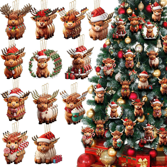 Wenqik 36 Pcs Cow Christmas Ornament Wooden Western Highland Cow Decoration for Christmas Tree Cartoon Cattle Decorative Hanging Ornament Cow Wood Cutouts Pendant for Xmas Holiday Car Decor