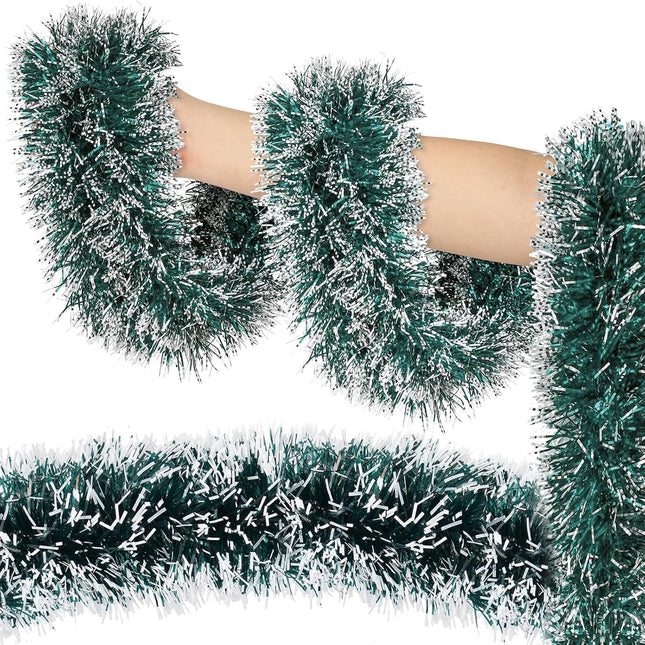50FT Green Christmas Tinsel Garland Xmas Tree Garland Decorations Metallic Tinsel Glitter Twist Garland Hanging Streamers for Indoor Outdoor Decor Holiday Party Supplies(Green&White)