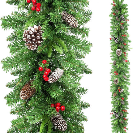 LAVEVE Pre-lit Christmas Garland 9 FT, Battery Operated 100 Lights Garland with Cedar Cones and Red Berries, Outdoor Indoor Christmas Decorations for Mantle, Stairs, Front Porch