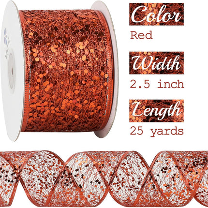 MEEDEE Red Glitter Ribbon Wire Mesh Ribbon with Sparkle Red Christmas Ribbon 2.5 Inch Metallic Ribbon Red Wired Ribbon for Christmas Tree Decoration, Ribbon Garland, Wreath Bow Making (25 Yards)