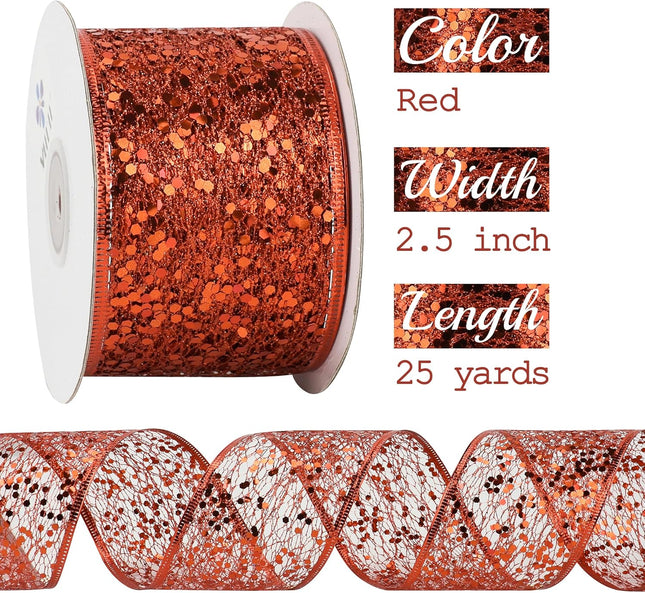 MEEDEE Red Glitter Ribbon Wire Mesh Ribbon with Sparkle Red Christmas Ribbon 2.5 Inch Metallic Ribbon Red Wired Ribbon for Christmas Tree Decoration, Ribbon Garland, Wreath Bow Making (25 Yards)