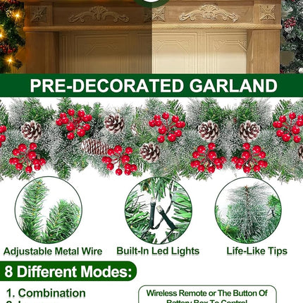 [ Remote Control & Timer & 8 Modes ] 9Ft by 10 Inch 50 LED Prelit Christmas Garland Decorations Warm White Lights Thick 300 Snowy Tips 198 Red Berry 18 Pinecone Xmas Decor Garland Indoor