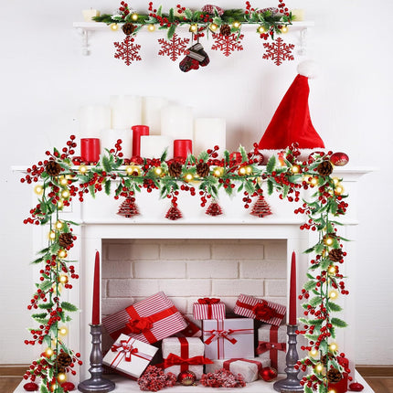 Sggvecsy Christmas Garland Red Berry Garland with Red Berries Lighted Holly Leaves Garlands Artificial Christmas Green Leaves Garland Battery Operated for Xmas Indoor Home Winter Holiday Decoration
