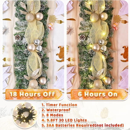 5.9 FT Christmas Garland Decorations, Luxury Christmas Garland with Lights for Mantle, Christmas Flocked Garland with Ribbons Gold Ball Pinecones, Lighted Christmas Garland Decor