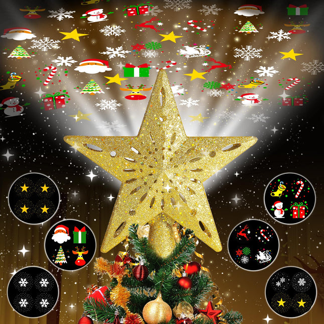 Christmas Tree Topper Lighted with 6 Projection Modes, Plug in Hollowed Pentagram Star Tree Topper Built-in LED Rotating Lights, 3D Glitter Dynamic Projection for Christmas Tree Decor(Gold)