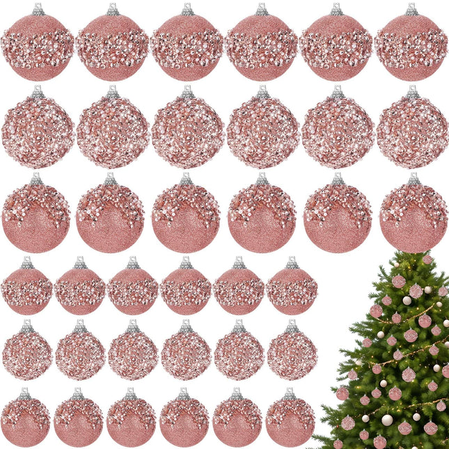 Poen 24 Pcs Glitter Christmas Ball Ornaments Set Christmas Tree Ornaments Hanging Sequin Foam Christmas Balls Decoration for Xmas Tree Wreath Garland Christmas Home Decor Wedding Party(Rose Gold)