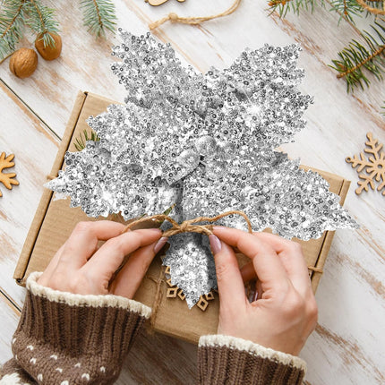 Sggvecsy 10 Pcs Christmas Glitter Flowers 9.8inch Christmas Tree Ornaments Shining Artificial Poinsettia Stems Floral Picks for Xmas Holiday Wedding Wreath Party Floral Decorations(Silver)