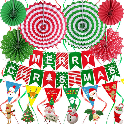 27Pcs Christmas Decorations Kit, Merry Christmas Banner, Paper Fan Flower, Hanging Garland Triangle Bunting, Xmas Tree Elk Snowman Swirl Streamers for Christmas Decor Party Supplies