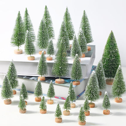 30 PCS Mini Sisal Frosted Christmas Trees, 5 Size Artificial Christmas Trees Bottle Brush Christmas Tree with Wooden Base for Tabletop Christmas Party Home Interior Decor (Green)
