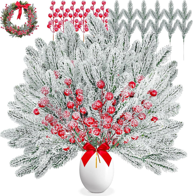 Christmas Greenery Stems 50PCS, Snowy Artificial Pine Stems Frosted Red Berry Stems 10.6" Faux Greenery Pine Branches Christmas Picks for DIY Christmas Garland Wreath Cedar Garland Home Dector (Snowy)
