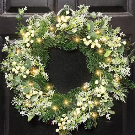 Perfnique 22'' Christmas Wreath for Front Door with Lights, Winter Outdoor Wreath Pine Wreath with White Berry and Glitter, Christmas Indoor Wreaths for Wall Window Fireplace Home Holiday Decor(White)