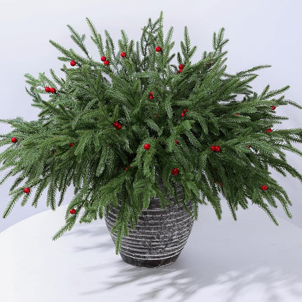 Artificial Faux Christmas Norfolk Pine Evergreen Stems Branches for Vases,12 Bundles Fake Green Real Touch Feel Greenery Stem with Berry for Xmas Holiday Winter Table Indoor Decoration