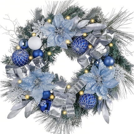 Valery Madelyn 24 Inch Pre-Lit Christmas Wreath for Front Door with Lights, Large Lighted Christmas Wreath with Silver Blue Xmas Ball for Fireplace Window Outdoor Table Centerpiece Holiday Decoration