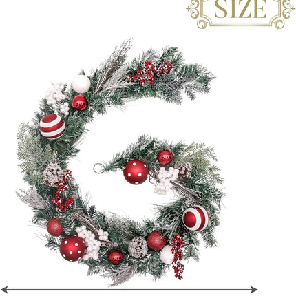 Valery Madelyn 6 feet Pre-Lit Christmas Garland with Lights for Mantle, Lighted Battery Operated Xmas Garland with Red White Balls for Front Door Fireplace Table Centerpiece Outdoor Window Home Decor