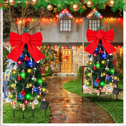 2 Pcs Solar Christmas Tree with Lights Outdoor Waterproof 31.5 Inch Solar Powered Xmas Tree Lights with 45 Leds and 8 Modes Bow Balls Bells Candy Bars Decor for Yard Garden Pathway Lawn Patio