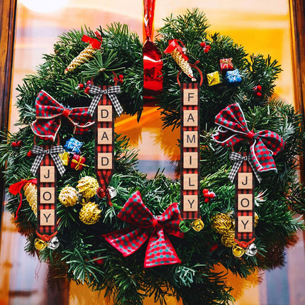 Christmas Ornaments Tree Decorations Personalized Wooden Letter Tiles DIY Crafts Capital Letter Tiles Ribbon Bells for Tree Decorations Christmas Wreath Room Holiday (Red and Black)