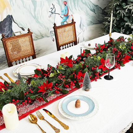 Christmas Garland with Lights Indoor Christmas Decorations Pre-Lit Artificial Christmas Garland for Christmas Tree Fireplace Staircase 6FT Poinsettias Holly Leaves Red Berries
