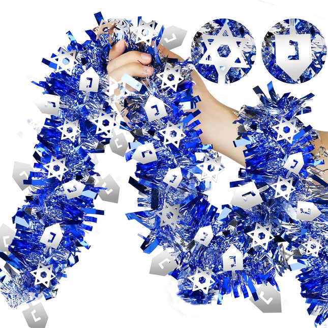 2 Pack Hanukkah Decorations, 36 Ft by 6 Inch Hanukkah Tinsel Garland with Dreidel Star of David Silver Ornaments Blue Metallic Streamers, Indoor Outdoor Chanukah Decorations Home Party Supplies