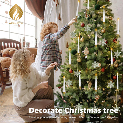 Flameless Taper Candles for Christmas Tree Decorations, Battery Operated Christmas Candles with Remote, 12 Pack Flickering LED Candles with Clear Snowflake Hooks for Xmas Tree Decoration