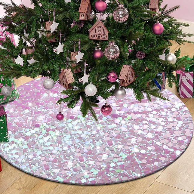 White Christmas Tree Skirt, Iridescent Large Sequin Tree Skirt 36 Inches, Xmas Tree Mats for Tree Decorations, Pink Christmas Decorations Ornaments